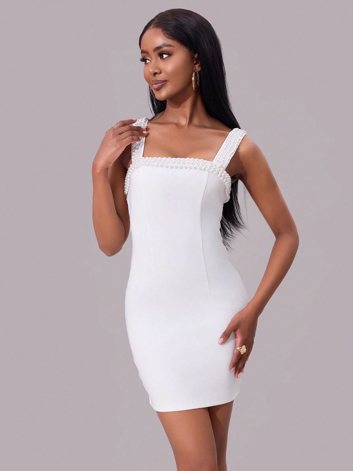 White Pearl Detail Square Neck Wide Strap Mini Dress