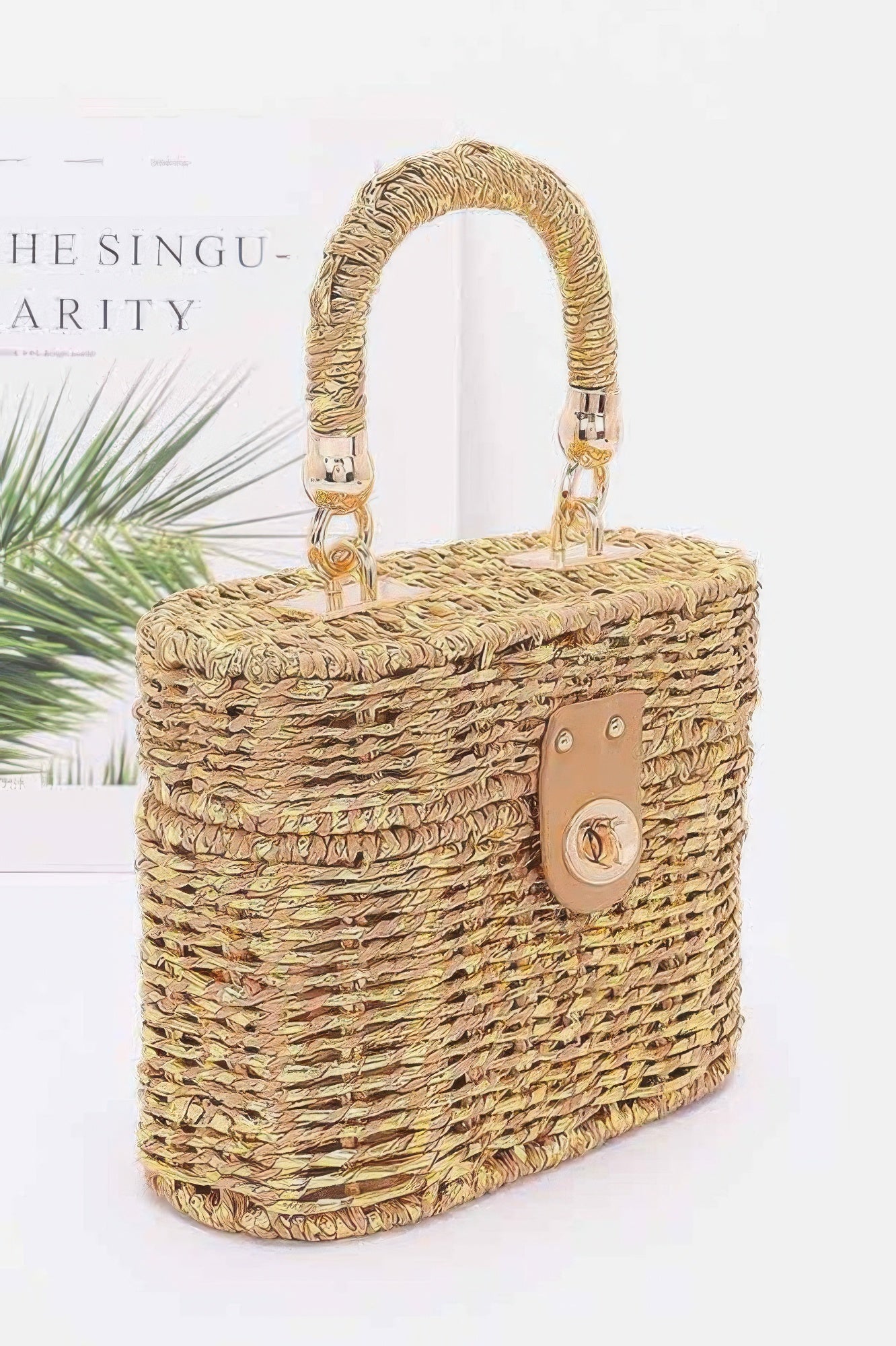 CCWHOLESALECLOTHING woven straw Top Handle Bag with boxy shape gold tone clasp and wrapped handle