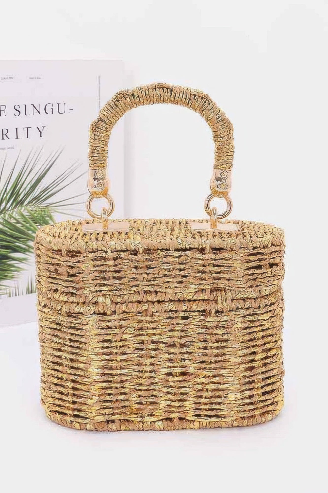 CCWHOLESALECLOTHING woven straw Top Handle Bag with structured rectangular shape wrapped handle beach summer accessory