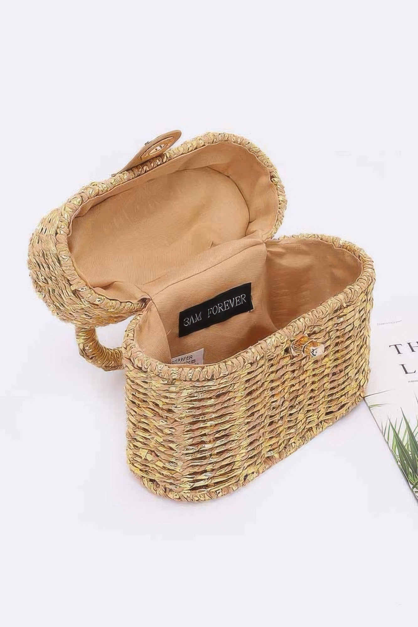 CCWHOLESALECLOTHING woven straw Top Handle Bag with hinged flap and tan fabric lining for casual summer use