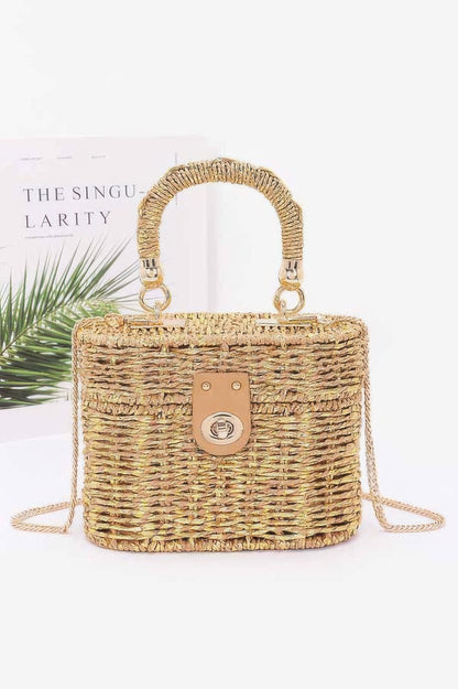 CCWHOLESALECLOTHING gold woven Top Handle Bag with box shape turn lock closure and detachable chain strap