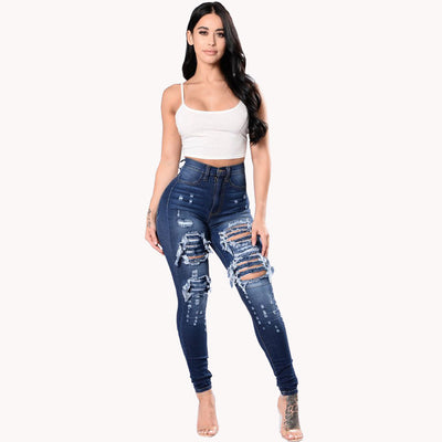 Women's Ripped Denim Pants - Washed Distressed Jeans
