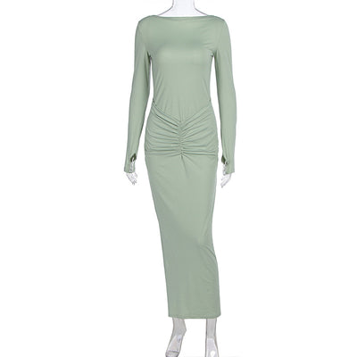 Pleated Maxi Dress - Long Sleeve Round Neck Slim Fit