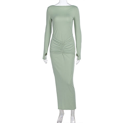 Pleated Maxi Dress - Long Sleeve Round Neck Slim Fit