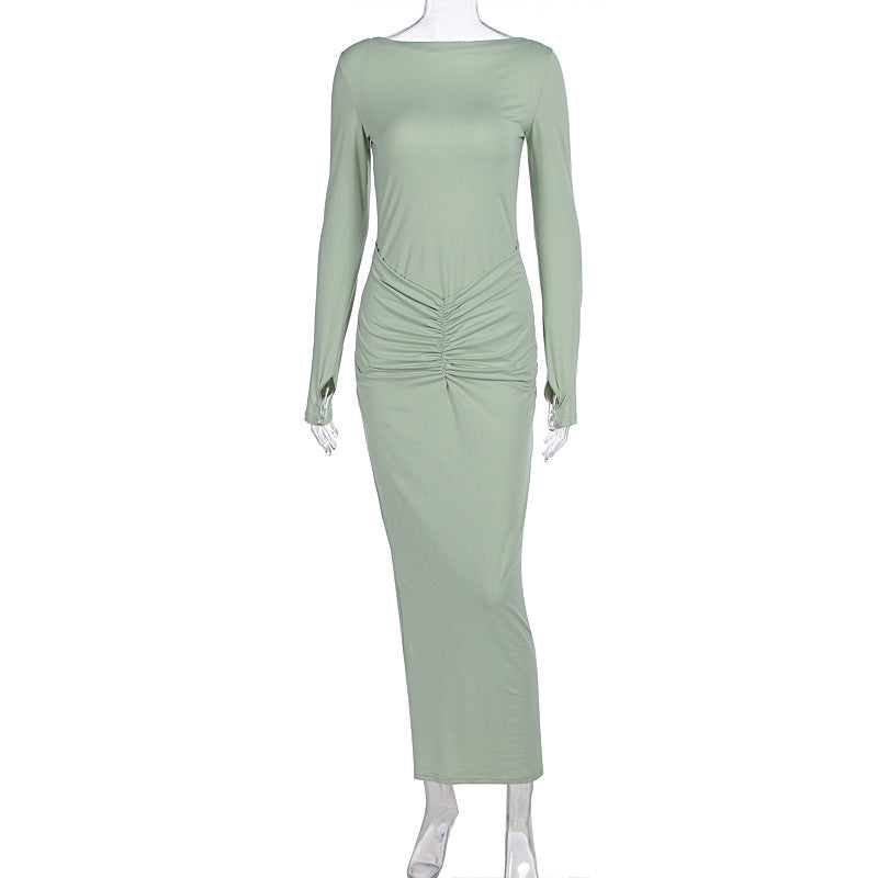 Pleated Maxi Dress - Long Sleeve Round Neck Slim Fit