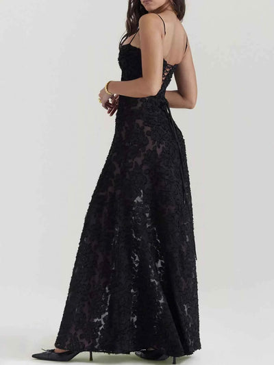 Black Maxi Dress - Lace Spaghetti Strap Gown