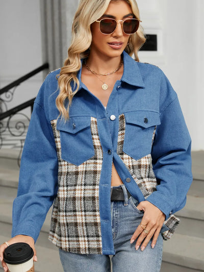 Plaid Denim Jacket - Button-Up Long Sleeve Outerwear - Fashions Envy