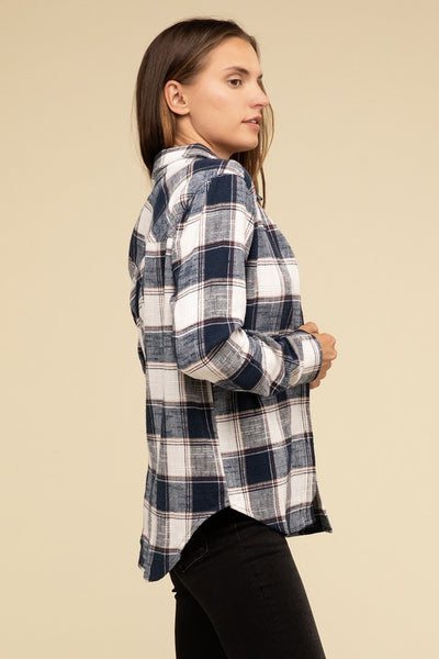 Cotton Plaid Shacket With Front Pocket - Fashions Envy