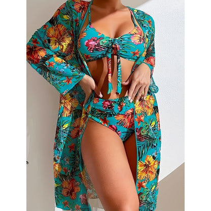 Knotted Flower Print High Waist Three Piece Bikini Swimsuit Set with Long Sleeved Sun Protection Cover Up