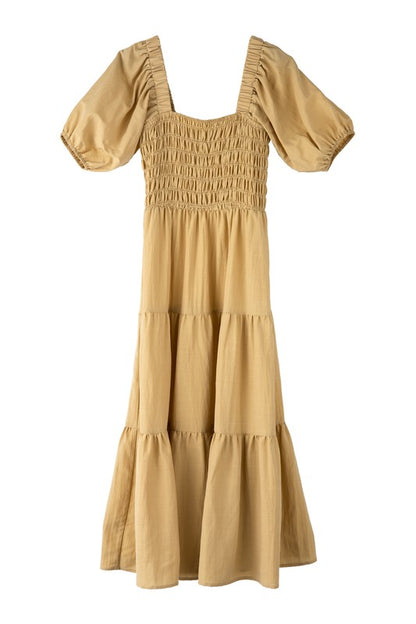 Tiered Midi Dress with Puff Sleeves