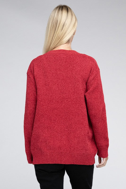 Melange Open Front Sweater Cardigan with Front Pockets