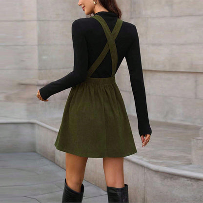 Corduroy Overall Mini Dress - Army Green Suspender