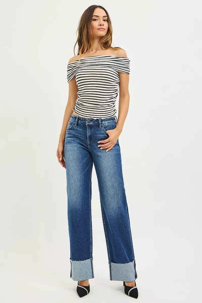 RISEN Wide Straight Jeans - Mid Rise Wide Cuff Detail