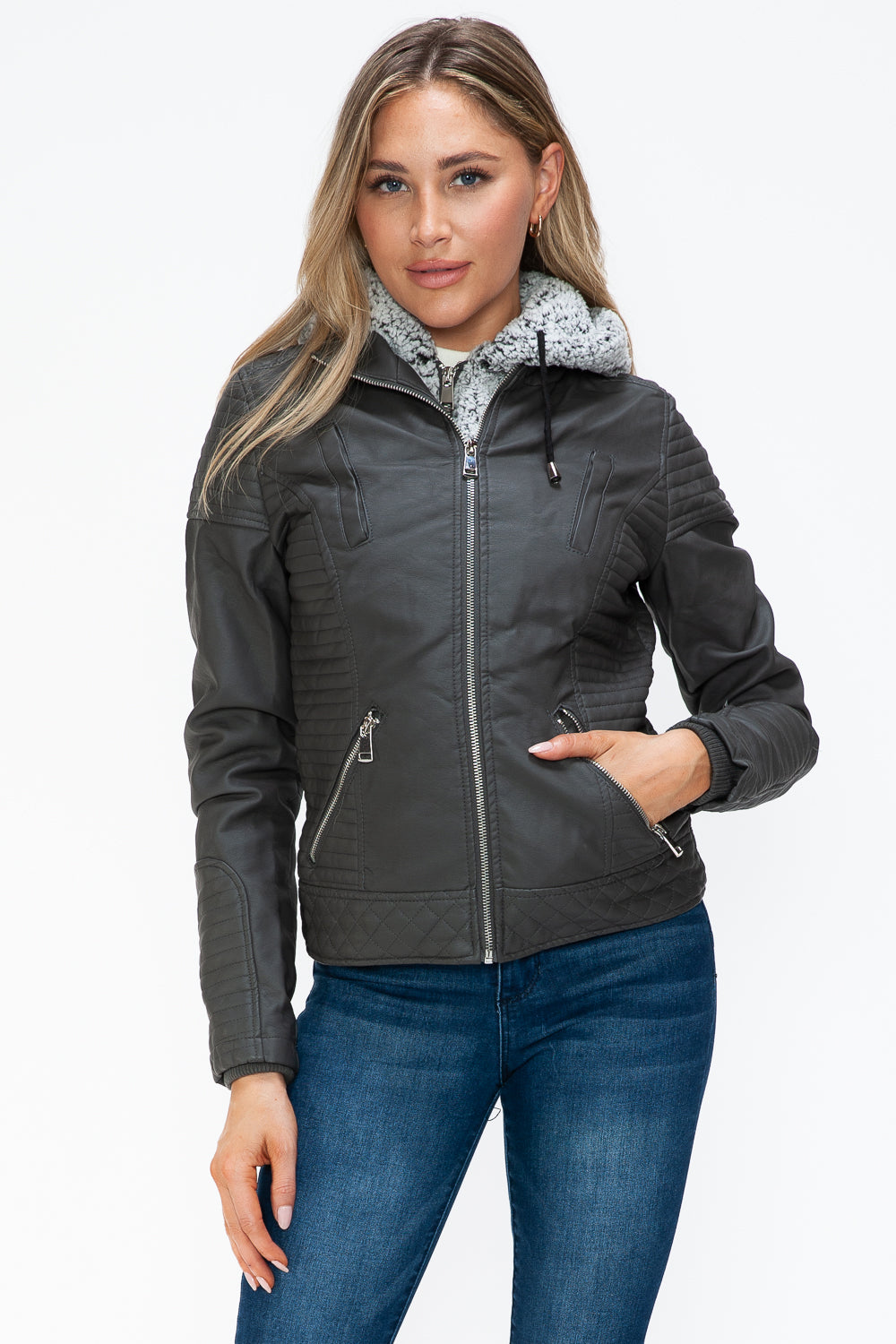 Charcoal Faux Layered Double-Zipper Jacket with Fuzzy Hood