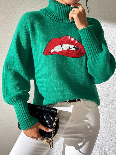 Lip Turtleneck Long Sleeve Sweater - Fashions Envy