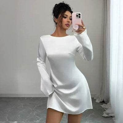 Backless Mini Dress - Flared Long Sleeve Party Dress - Fashions Envy