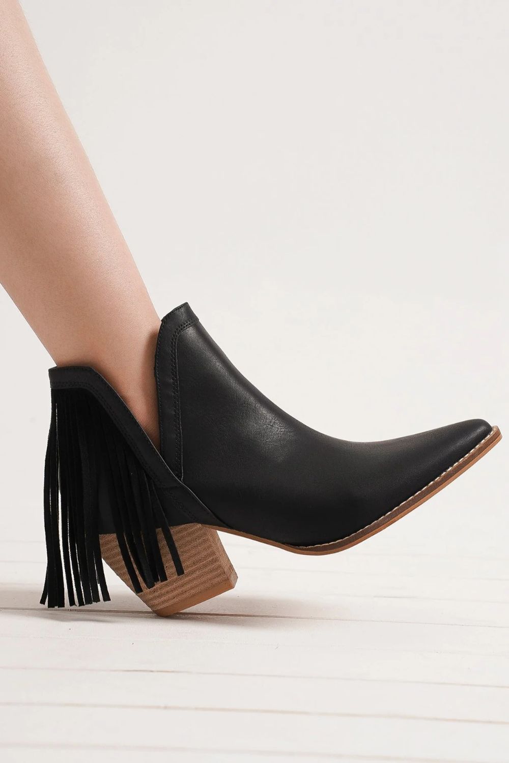 Black Fringe Side V-Cut Ankle Booties