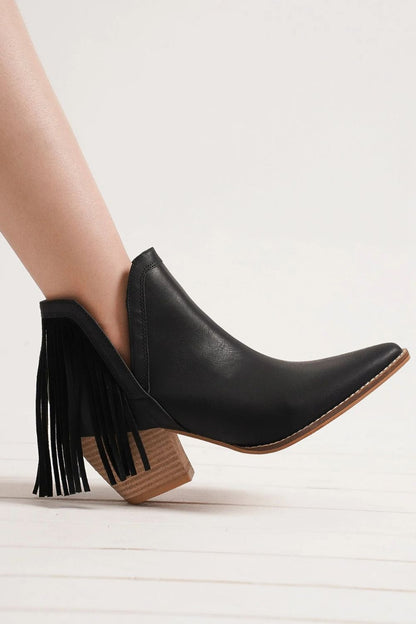 Black Fringe Side V-Cut Ankle Booties