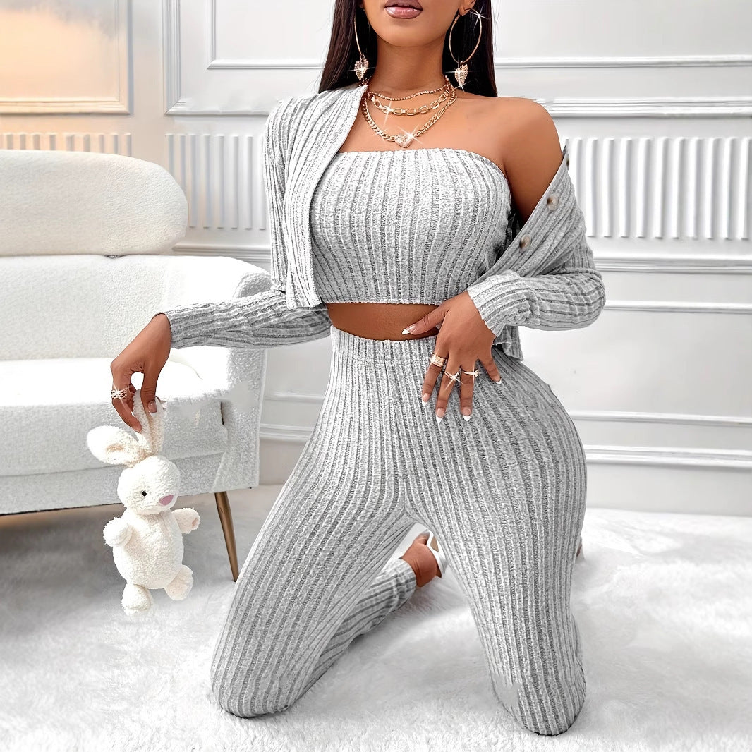 Three-Piece Lounge Set - Cardigan, Cami & Pants