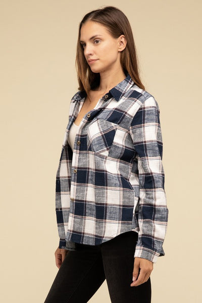 Cotton Plaid Shacket With Front Pocket - Fashions Envy
