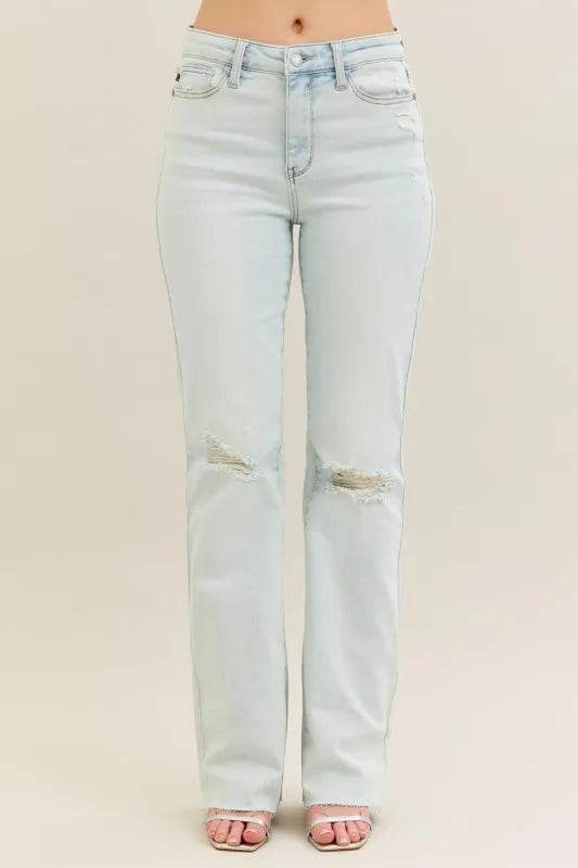 Judy Blue Full Size Destroy & Fray Hem Bootcut Jeans Plus Size - Fashions Envy