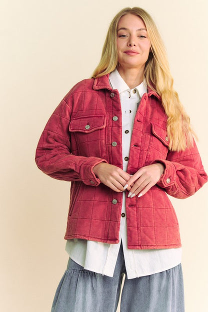 Brick Red Quilted Button Down Shacket with Chest Pockets