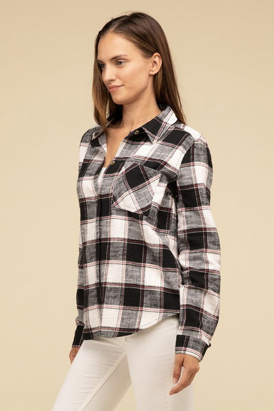 Cotton Plaid Shacket With Front Pocket - Fashions Envy