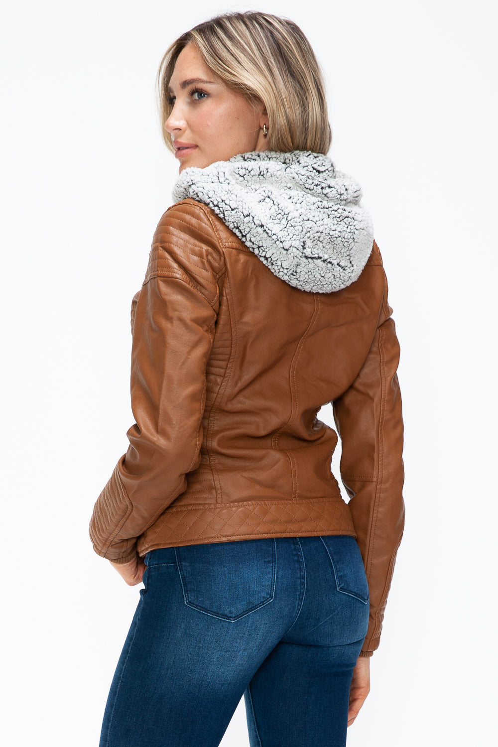 Camel Faux Layered Double-Zipper Jacket with Fuzzy Hood