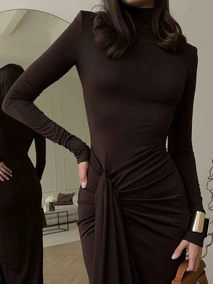 Turtleneck Maxi Dress - Long Sleeve Slit Tie Waist Style - Fashions Envy