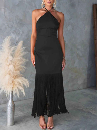 Fringe Halter Dress - Backless Bodycon Maxi Dress - Fashions Envy