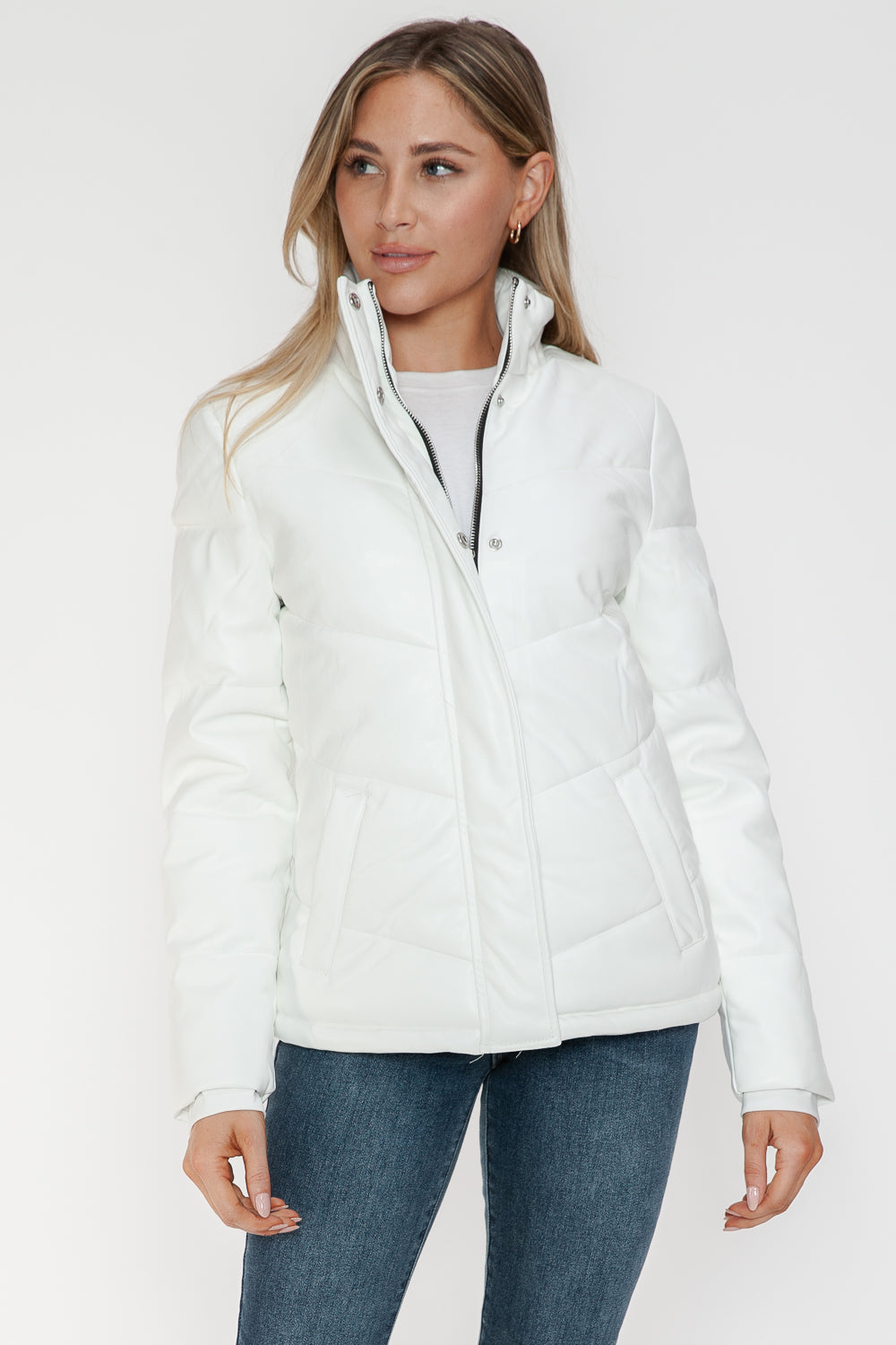 Pocketed Zip Up Turtleneck White Puffer Jacket