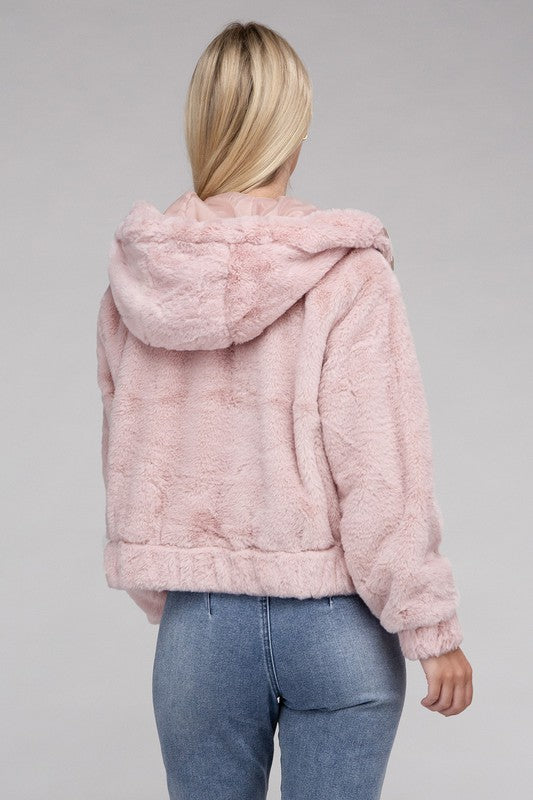 Fluffy Zip-Up Drawstring Teddy Hoodie