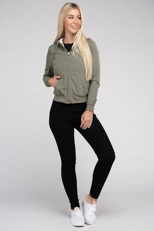 Fuzzy Trim Zip-Up Cropped Length Hoodie