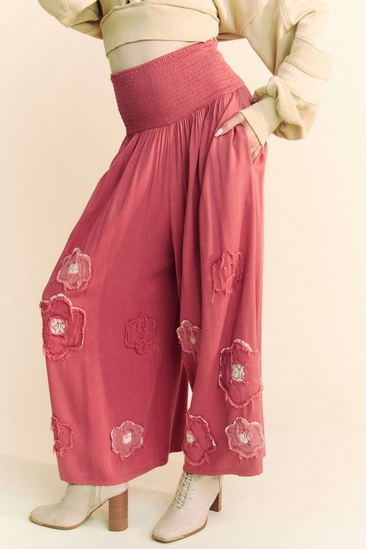 Strawberry Smocked Waist Flower Patch Wide Leg Pants