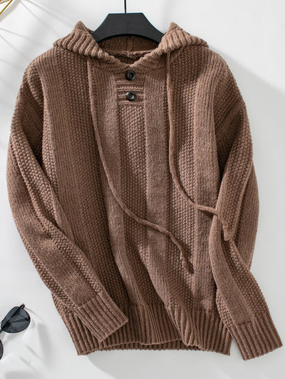 Drawstring Long Sleeve Hooded Sweater - Fashions Envy