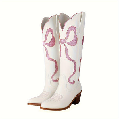Knee High Chunky Heel White Cowgirl Boots with Pink Glitter Bow
