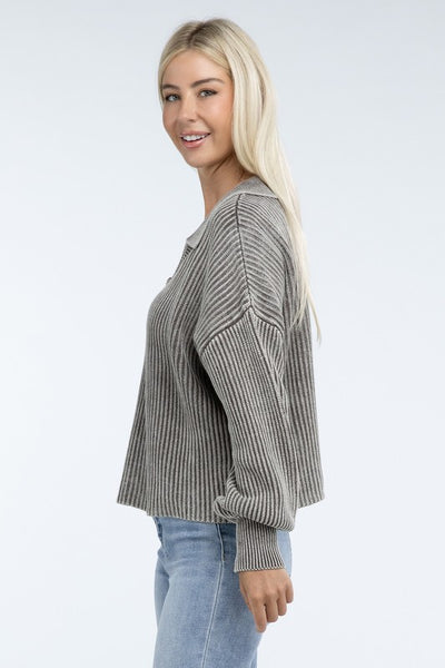 Ribbed Washed Collared Henley Sweater - Fashions Envy