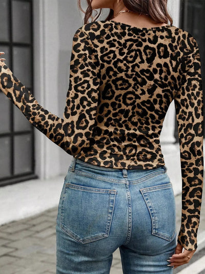 Leopard Print Top - Square Neck Long Sleeve Going Out - Fashions Envy