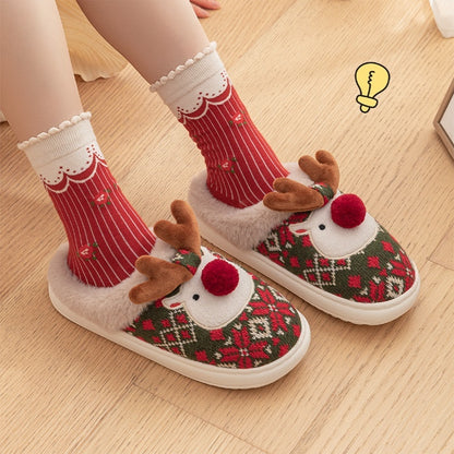Christmas Reindeer Slippers - Cozy Plush Winter House Shoes