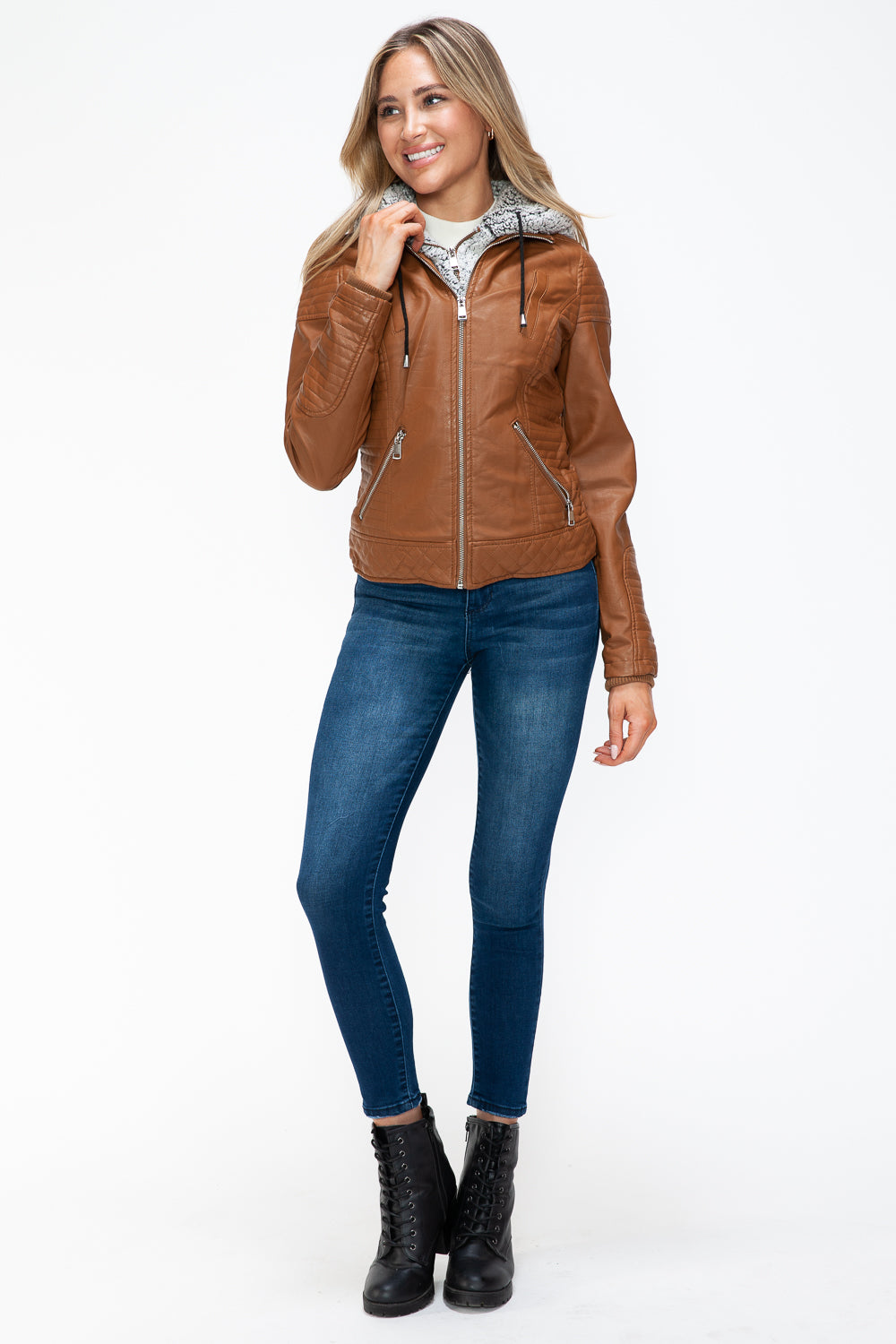 Camel Faux Layered Double-Zipper Jacket with Fuzzy Hood