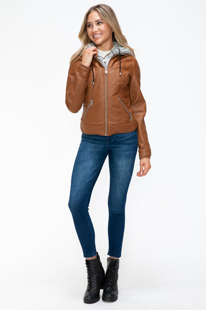 Camel Faux Layered Double-Zipper Jacket with Fuzzy Hood