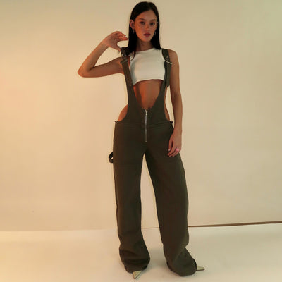 Denim Overalls - Y2K Zipper Suspender Wide Leg Jeans