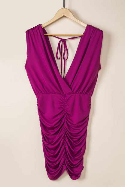 Ruched Surplice Sleeveless Wrap Dress - Fashions Envy