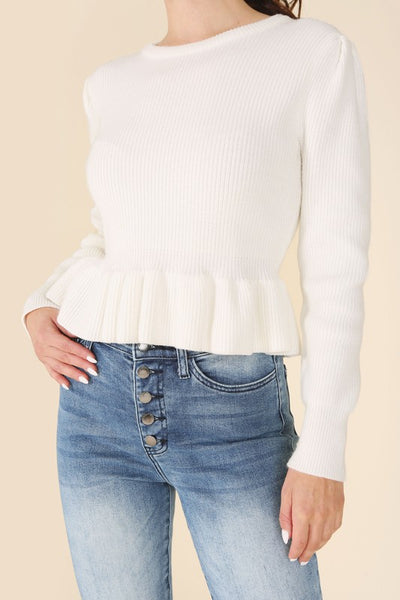 Peplum Round Neck Puff Sleeve Sweater