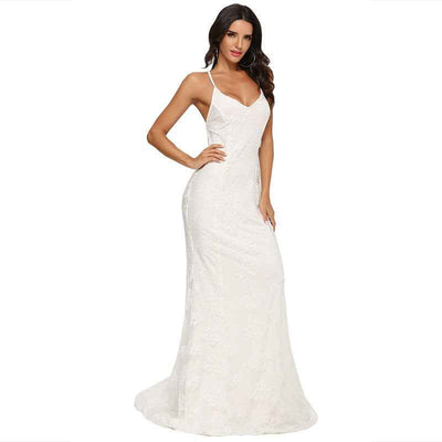 V-Neck Wedding Dress - Elegant Trailing Bridal Gown - Fashions Envy