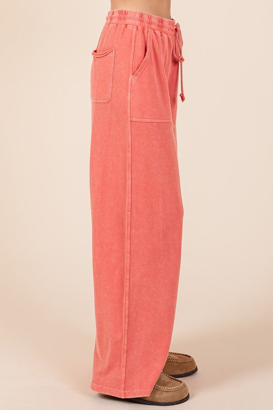 Orange-Red Mineral Wash French Terry Drawstring Wide Leg Pants