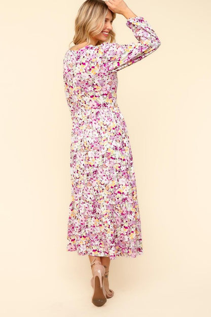 Lilac Full Size Floral V-Neck Long Sleeve Dress with Side Pockets