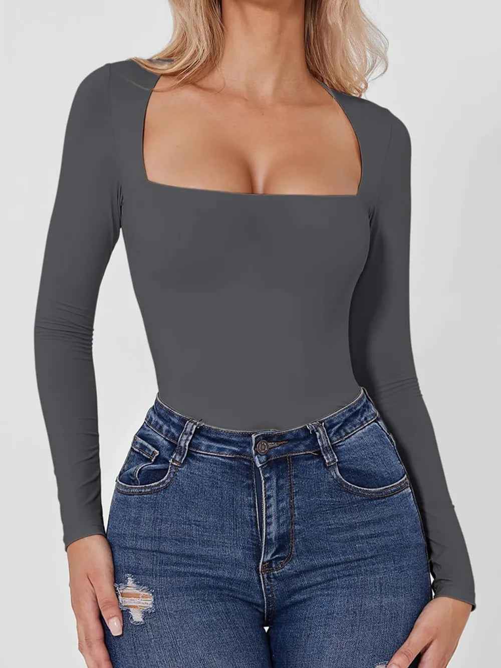 Square Neck Long Sleeve Bodysuit - Sleek Fitted Style - Fashions Envy