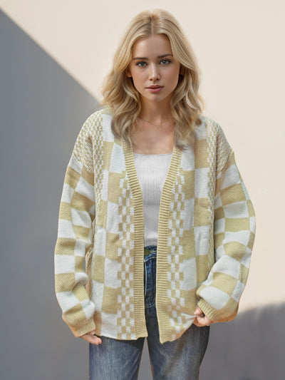 Double Take Checkered Open Front Dropped Shoulder Cardigan - Fashions Envy