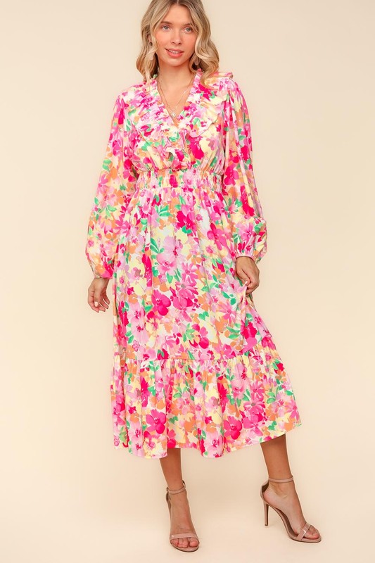 Pink-Multicolor Full Size Floral Surplice Balloon Sleeve Dress with Side Pockets